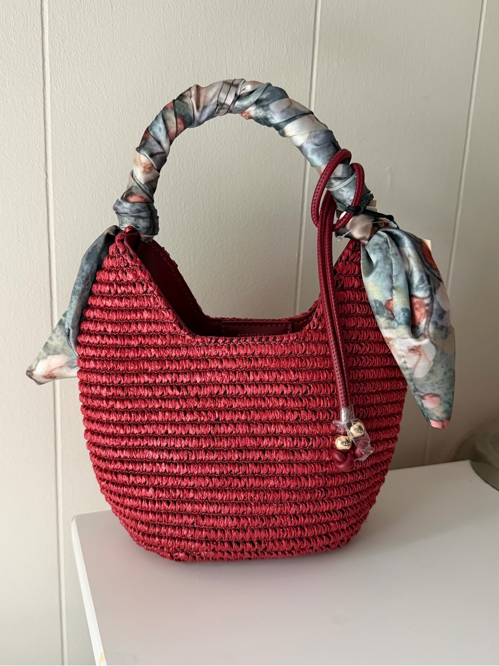 NWT Rachel Zoe Red Woven Bag with Scarf Detail Handle